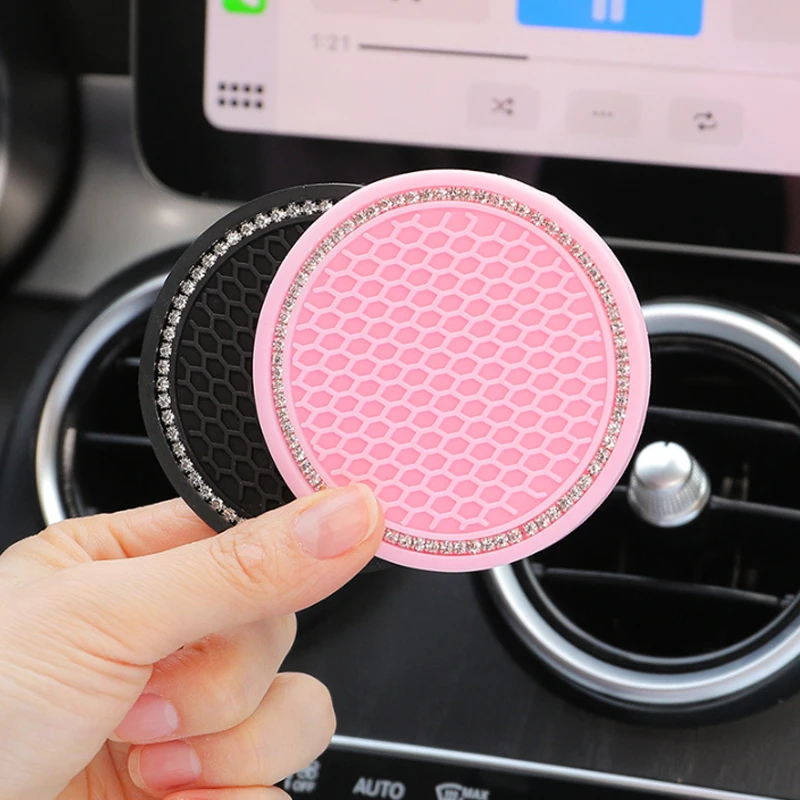Ajxn Pack-2 Bling Car Coasters For Cup Holder, Crystal Rhinestone 2.75 In Cup Holder Coaster Silicone  B0bg7j78g4