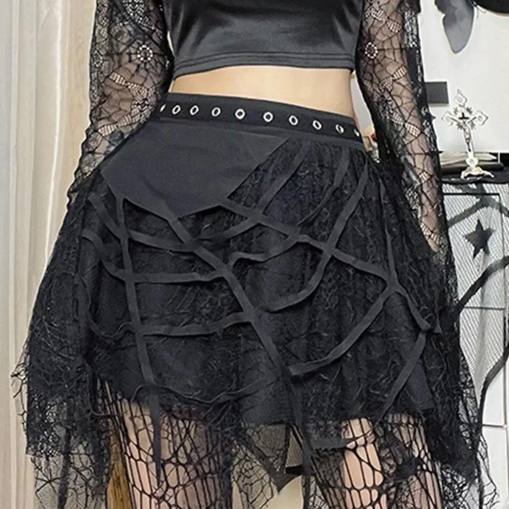 Women Skirt Halloween Spider-Web Decor Tassel Mini Skirt Elastic Waist Big Hem Gothic Metal Holes Summer Skirt Party Garment 5