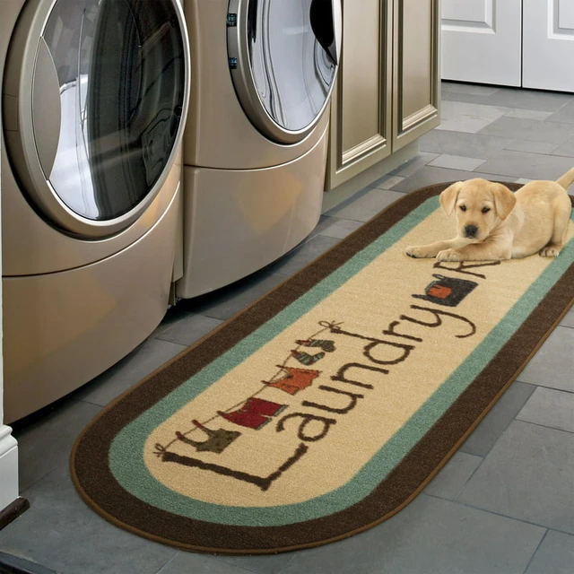 Ottomanson Laundry Non-Slip Rubberback Laundry Text 2x5 Laundry Room Runner Rug, 20 inch x 59 inch, Baby Blue