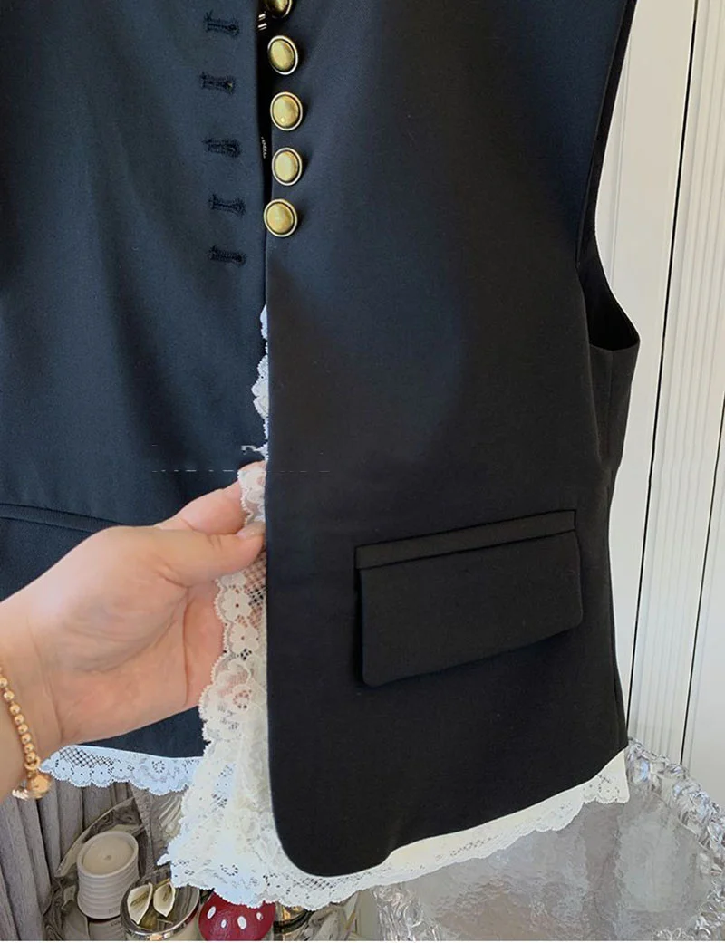 Lace Patchwork Women Vest Korean O Neck Casual Sleeveless Jackets 2024 Female Loose Waistcoat Vintage Chic Tops Women Clothing 5