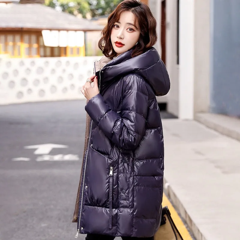 2023 New Women Down Jacket Winter Coat Female Mid Length Version Parkas Loose Thick Warm Outwear Hooded Simplicity Overcoat