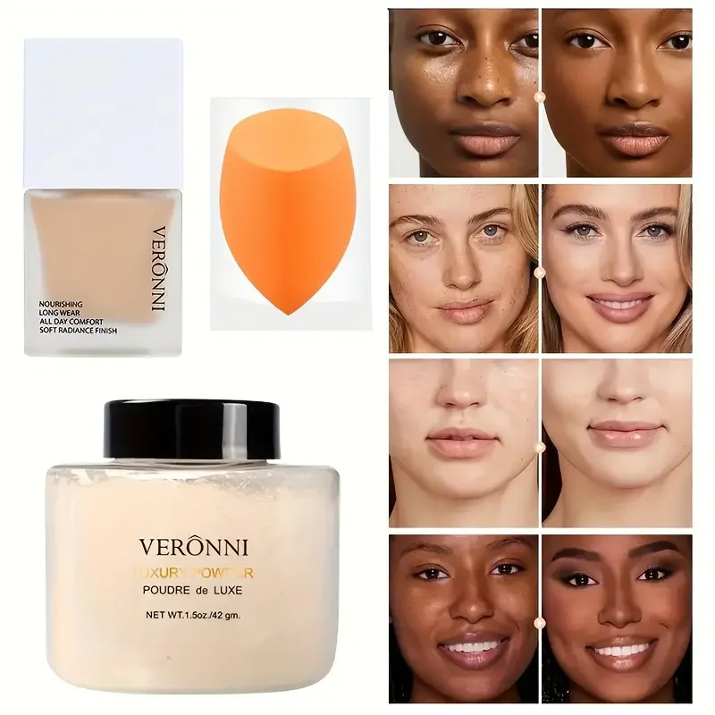 3-in-1 foundation setting powder & brush set for all skin tones oil control & concealer long lasting finish face makeup