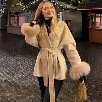TARUXY Fox Fur Woolen Coats Women's Short Coat Office Lady Removable Elegant Double-sided Wool Overcoat 2025 New Cardigan Jacket 1