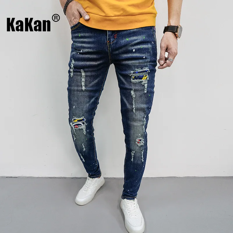 Kakan Europe and America's New Patch Denim Men's Clothing, Hole Hole Beggar Slim Fit Small Foot Patch Long Denim K7-686