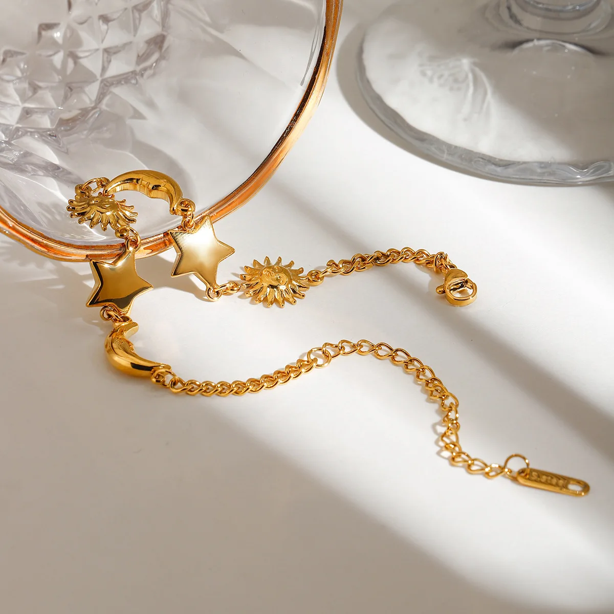 Stainless Steel Retro New Tiny Cute Star Moon Sun Bracelet for Women Girls Gold Color Adjustable Chain Link Bangle Trend Jewelry