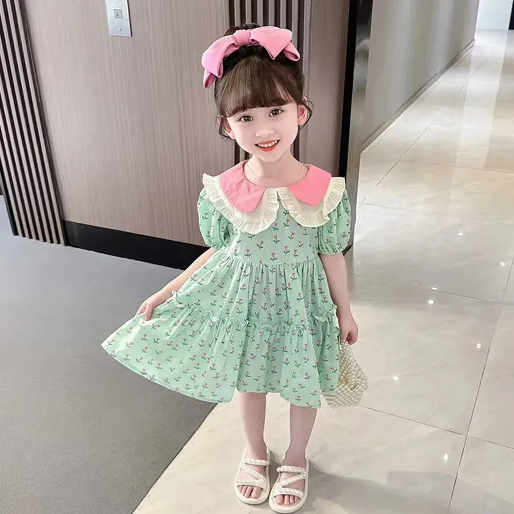 

2-10 Years Girls Summer Floral Dress Children Cotton Peter Pan Collar Cute Princess Dresses for Girls Toddler Outfits Clothing 6