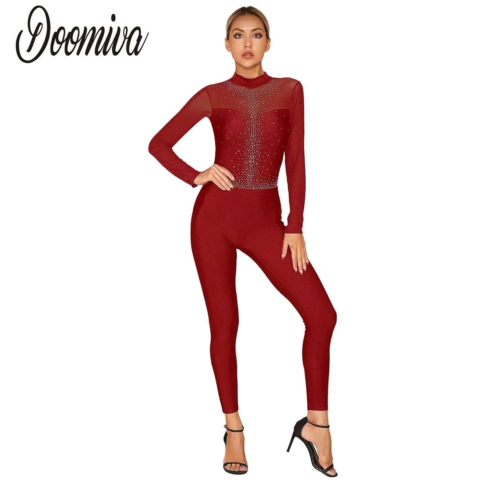 

Women Figure Skating Dance Ballet Performance Costume Rhinestone Mesh Long Sleeve Open Back Jumpsuit Gymnastics Competition Suit