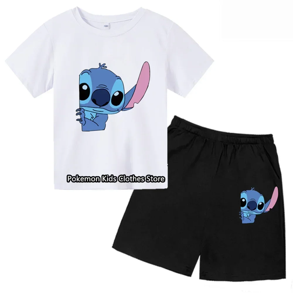 thumbnail image 1 of Conjunto de camiseta de dos piezas con puntadas bonitas para bebé y niño, cuello redondo, informal, manga corta, pantalones cortos de manga corta para niña, 1 of 5
