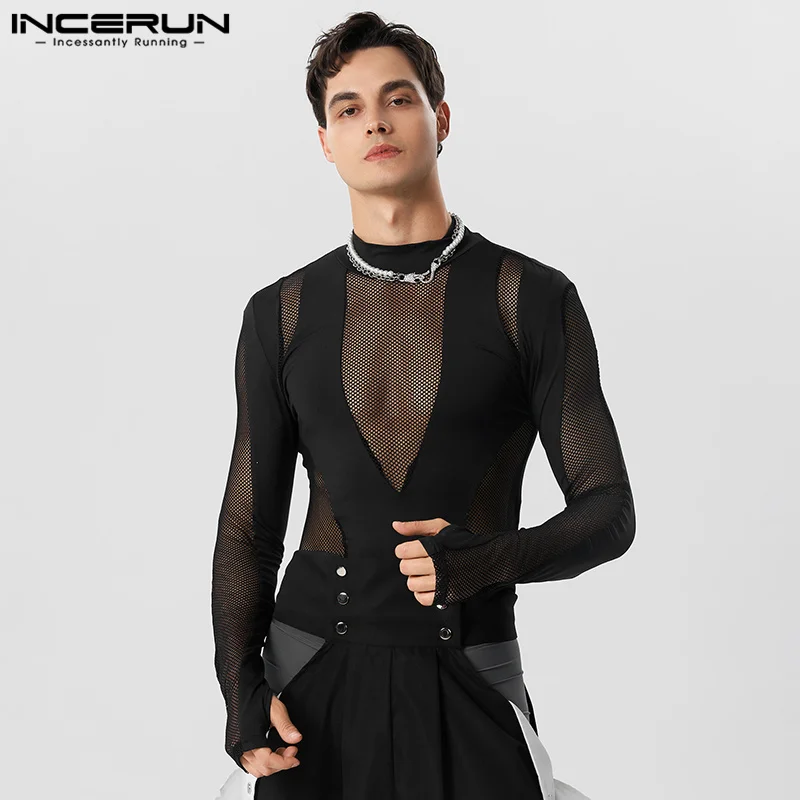 Men Bodysuits INCERUN Men Bodysuits Mesh Patchwork Transparent Turtleneck Long Sleeve Sexy Rompers T Shirt Men Fitness Party Bodysuits