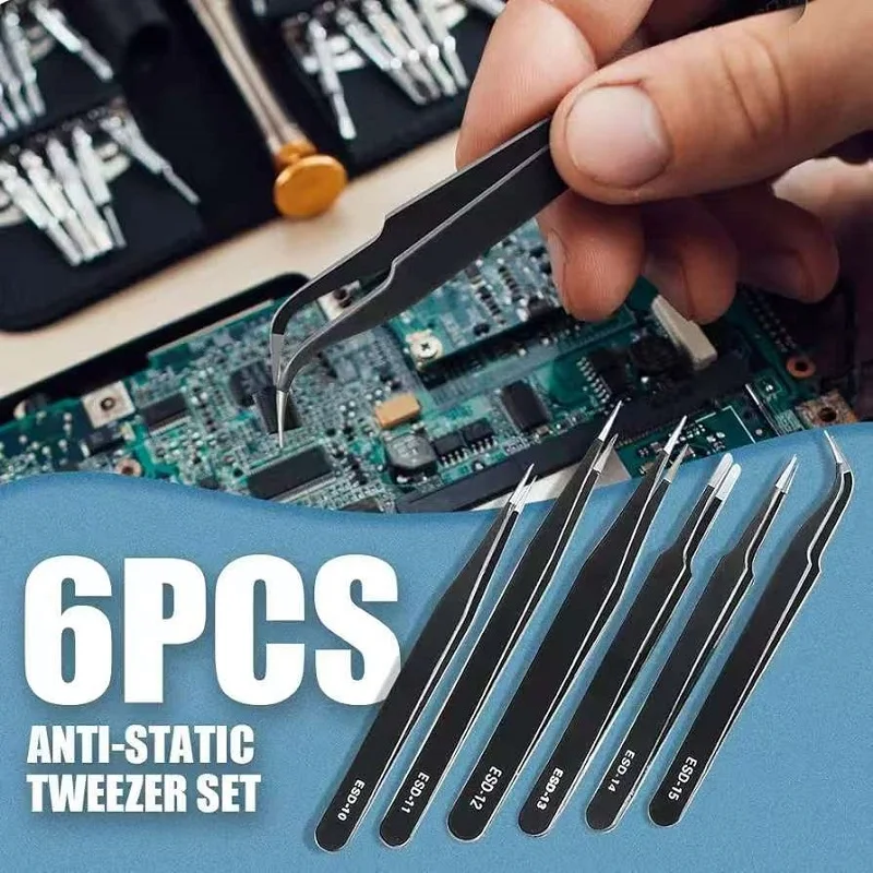 Anti Static Precision Tweezers ESD Stainless Steel Industrial Repair Multipurpose Tools For Electronics Soldering Craft Jewelry