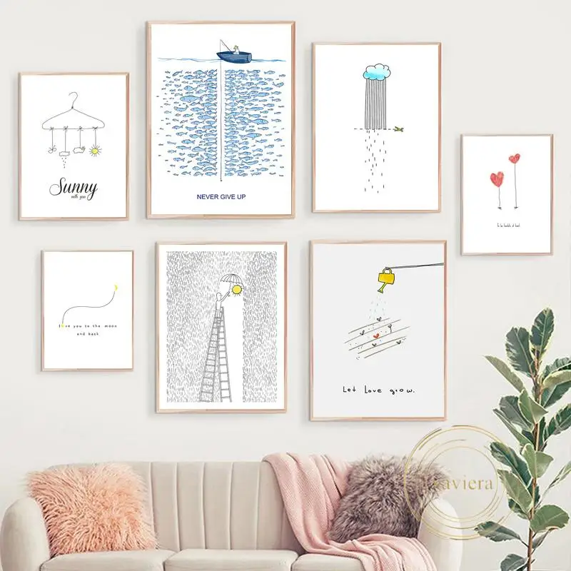

Nordic Cartoon Wall Art Poster Rain Sunny Umbrella Creative Drawing Canvas Painting Modern Home Decor Nursery Kids Baby Room