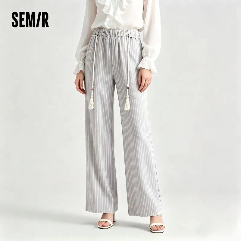 Semir Women Pants Striped 2026 Soft Drape Wide Leg Belted Urban Casual Everyday Style Soft Comfortable Daily Wear Trendy