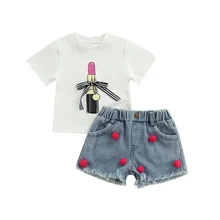 

Cute Baby Girls Clothing Summer 2Pcs Casual Sets White Short Sleeve Lipstick Print T-shirts Tassel Denim Shorts with Pockets