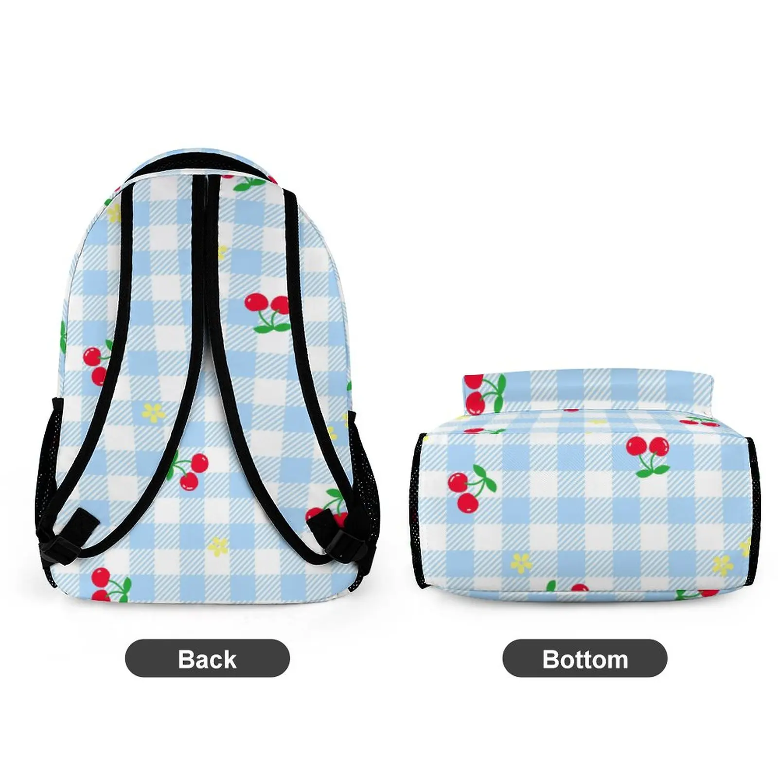 Custom Pattern Printed Blue and White Checkered Fruits Schoolbag Large Capacity Backpack Boys Girls Leisure Travel Book Bags