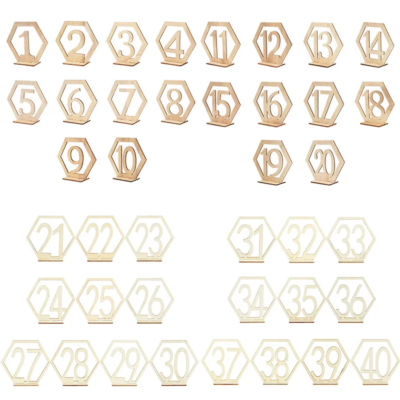 1-40 Wooden Table Numbers Hexagon Shape with Holder for Wedding Engagement Birthday Party Table Decor Digital Wooden Sign