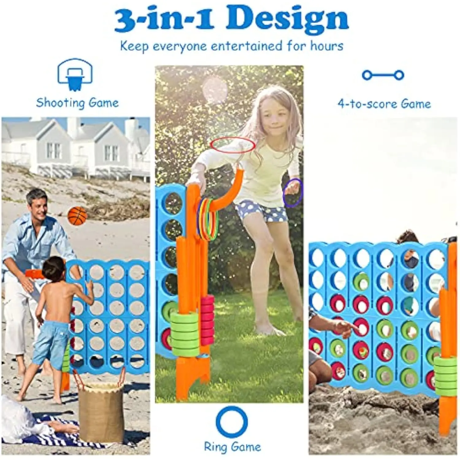 4-in-A-Row, Jumbo 4-to-Score Giant Game w/Basketball Hoop, Ring Toss, 42 Jumbo Rings without carrying bag Connect Game for Kids