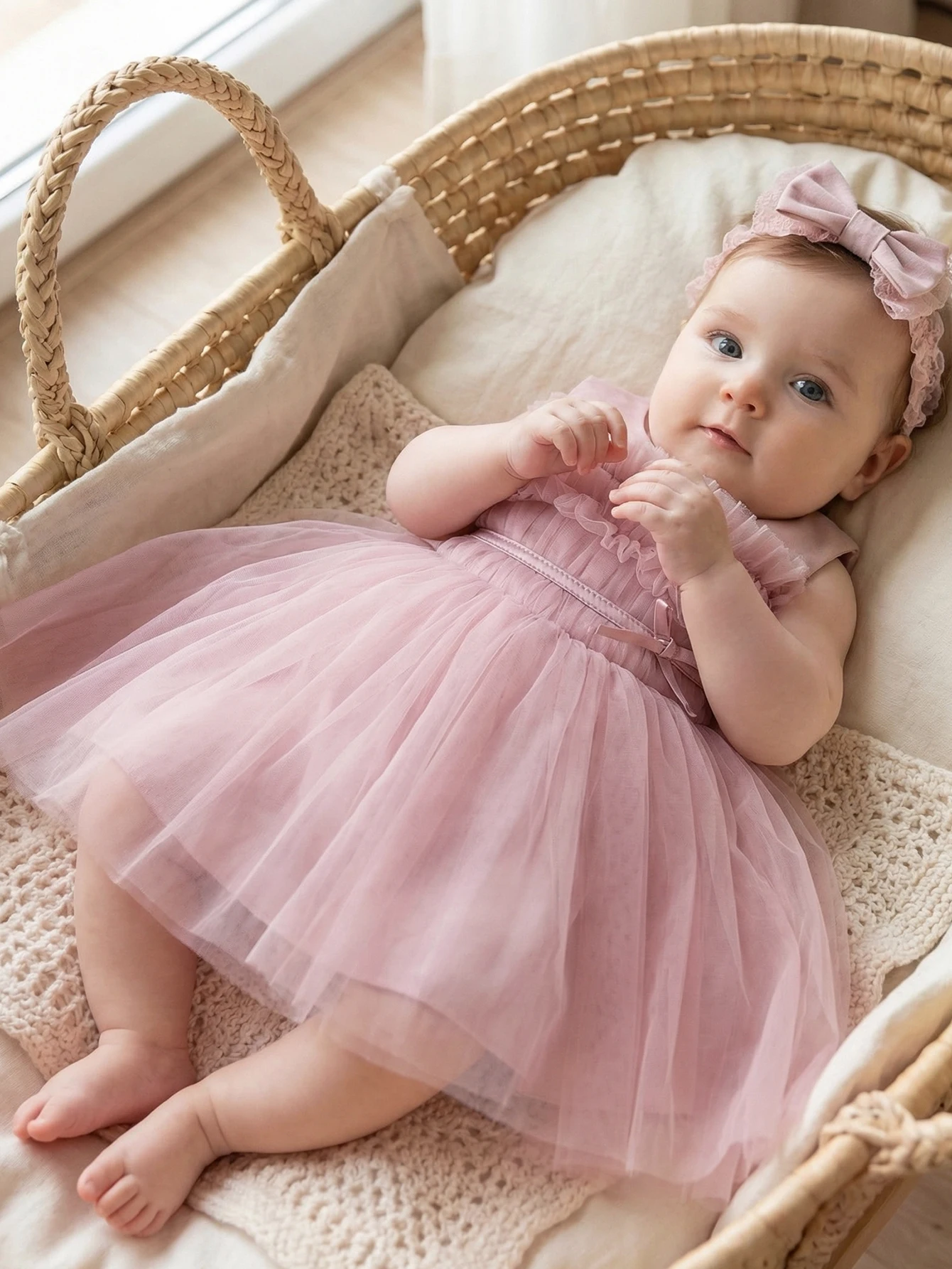 Elegant Pink Floral Baby Dress with Tulle & Matching Hairband