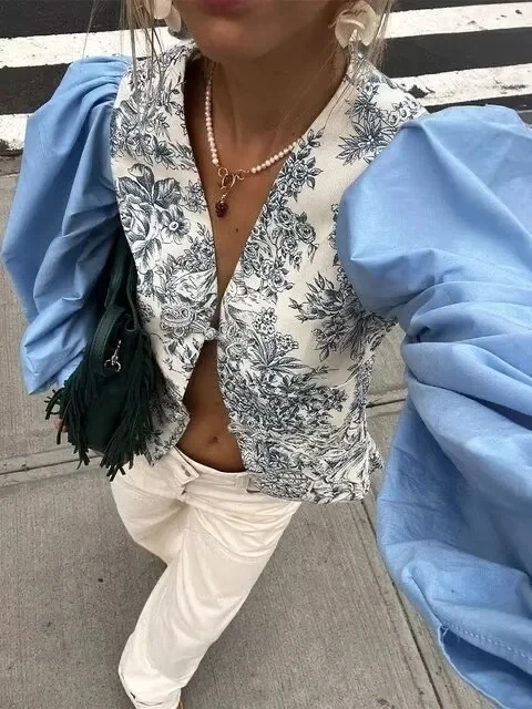 

Женская однобортная рубашка TRAFZA, элегантная уличная рубашка в стиле ретро с V-образным вырезом и длинным рукавом, топ с принтом, лето 2024