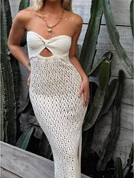 Sexy Fashion Bandeau Hollow Out Crochet Knitted Long Dress Side Split Tunic Beach Dress Cover Up Beachwear Vestidos DV5321