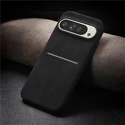 Luxury Sheepskin Leather Wallet Card Holder Phone Case with Shockproof Back Cover and Card Slot - Pixel 9 - 9Pro (Black)