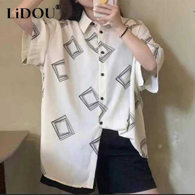 

Harajuku Lapel Vintage Print Blouse Single Breasted Loose Casual Chiffon Shirt Streetwear Short Sleeve Women's Summer Clothing