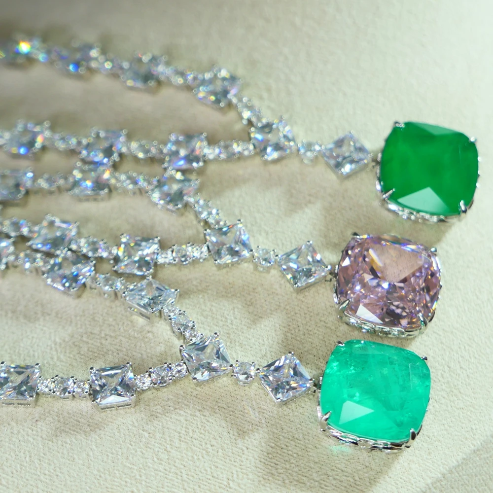 

20mm Created Paraiba Tourmaline Emerald Geomstone Diamond Tennis chain Necklaces White Gold plated Wedding Jewelry For Women