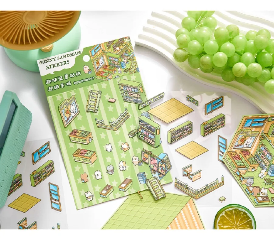3D House Landscape Stickers Cartoon Coffee Dessert Series Scene DIY Cabin Stacking And Pasting Hand Account Gift Stationery
