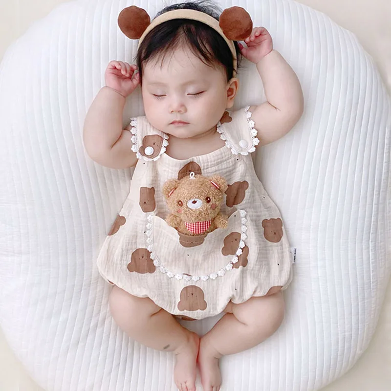 Baby Romper+Bear Doll Sets Summer Infant Clothes Cartoon Print Toddler Jumpsuit Girl Boy Newborn One Piece Outfit 아기여름옷바디슈트한조각
