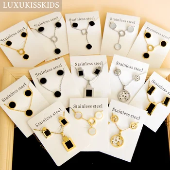 LUXUKISSKIDS Trendy Jewellery Sets Stainless Steel Adornment Woman 2023 Black White Shell Round Necklace Earrings Wedding Bridal