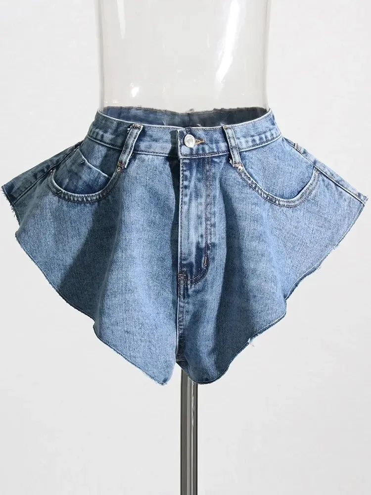BPN Minimalist Solid Denim Shorts For Women High Waist Patchwork Pockets Casual Loose Short Pants Female Fashion Summer Clothing