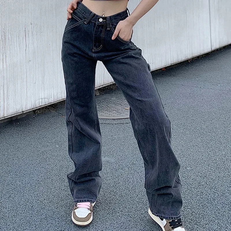 

Loose High Waist Girl Straight Casual Denim Pants Women Jeans Baggy Smoky Gray Elegant Wide Leg Cargo Pants Fashion Streetwear