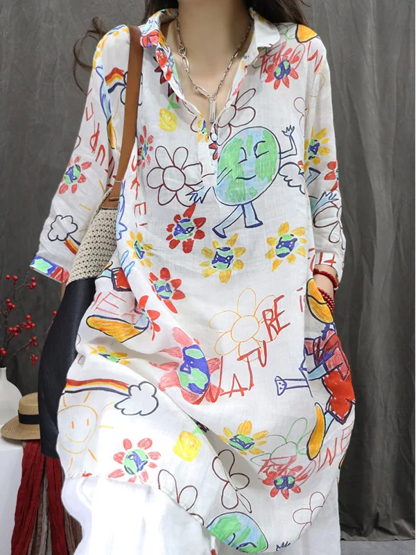 Summer Artistic Flax fiti Print Loose Casual Long irt Women's Street Sle Loose Fit Sun Protection Top T-irt Dr