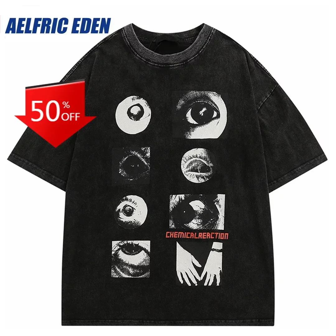 

Streetwear Tshirt Eyes Graphic Retro Vintage Washed Black T Shirt 2023 Men Cotton T-Shirt Hip Hop Loose Hipster Print Tops Tees