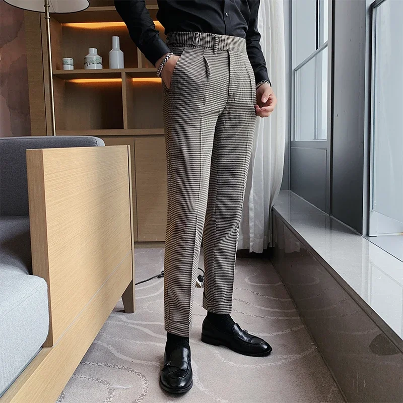 Men Houndstooth Suits Pants British Style Business Casual Trousers New Male High Quality Formal Wear Slim Suit Pants Size 36