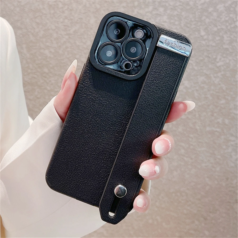 Luxury Leather Wrist Strap Holder Stand Phone Bracket Cover For iPhone 15 14 Pro Max 11 12 13 Pro Max Shockproof Silicone Case