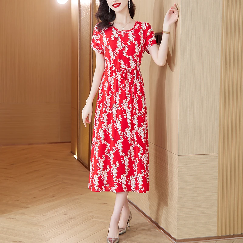 

2023 New Fashion Silk Printed Dress Women's Summer Silk Fragmented Flower Dress Korean Version Loose Fit Casual Vacation Vestido