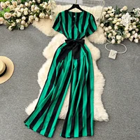 Gentle Women Jumpsuit Stripe V Neck Sleeveless 2024 Lace Up Bow High Street Korean Style Summer Long Senior Rompers - Image 6