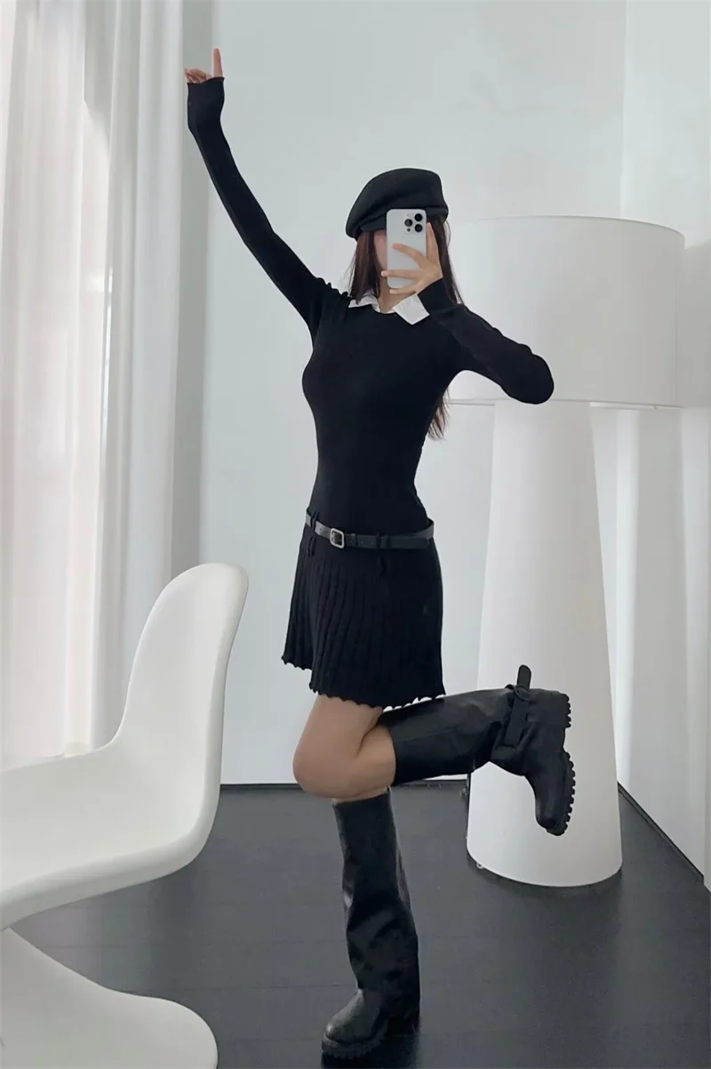 Korean Fashion Knitted Short Dresses for Women Autumn New Patchwork Long Sleeve Pleated A-line Y2K Sexy Party Dress with Belt