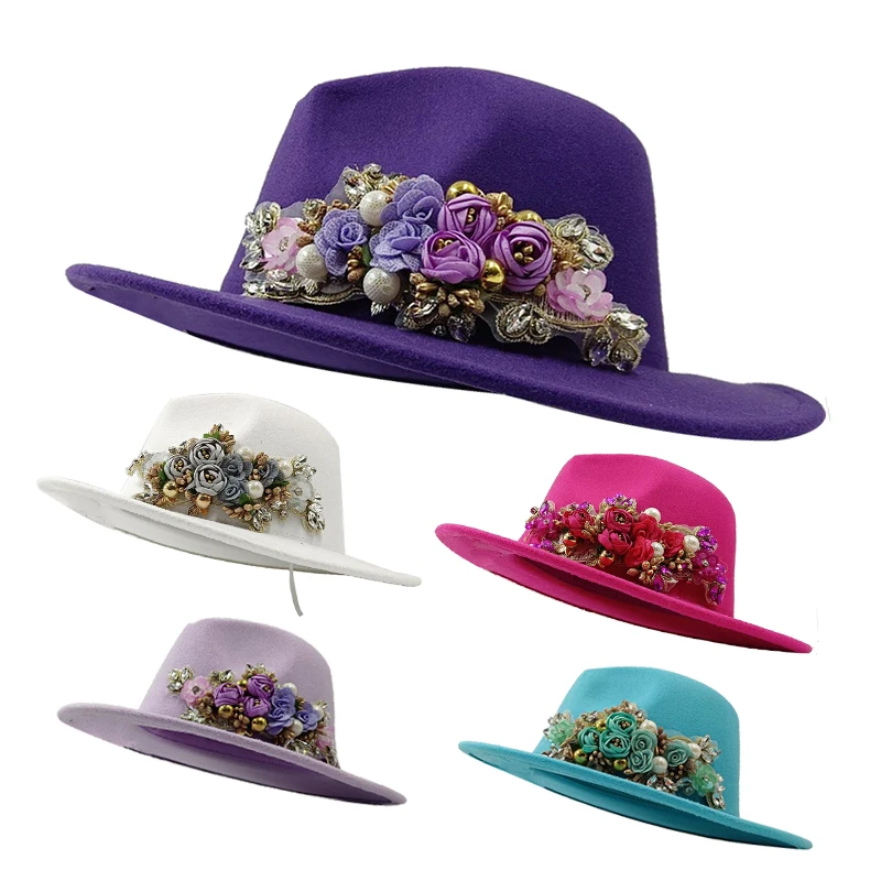 

Fedora Hat for Women Elegant Three-dimensional Floral Felt Hat Ladies Jazz Cap Autumn Winter Church Bowler New Cap chapeau femme