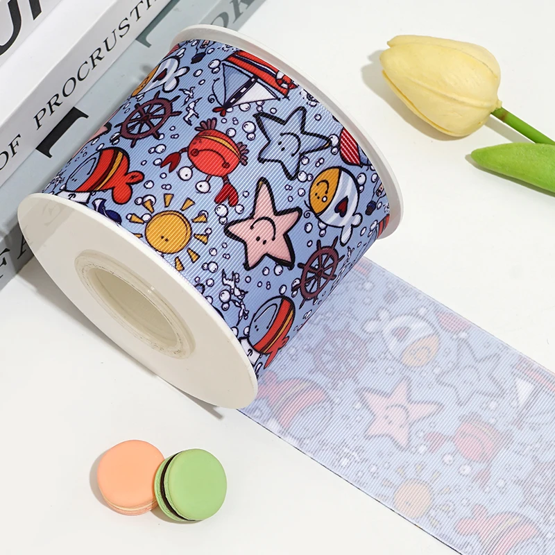 5Yards Marine Organism Printed Grosgrain Ribbons Hair Bows DIY Handmade Materials 89069