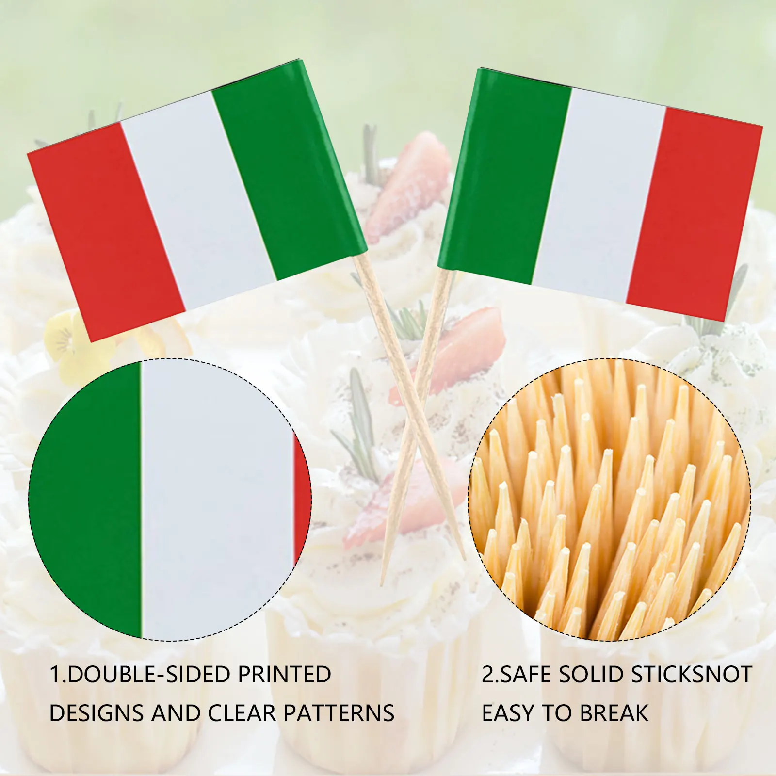 Italian National Flag Cupcake Toppers Paper Wood Party Supplies