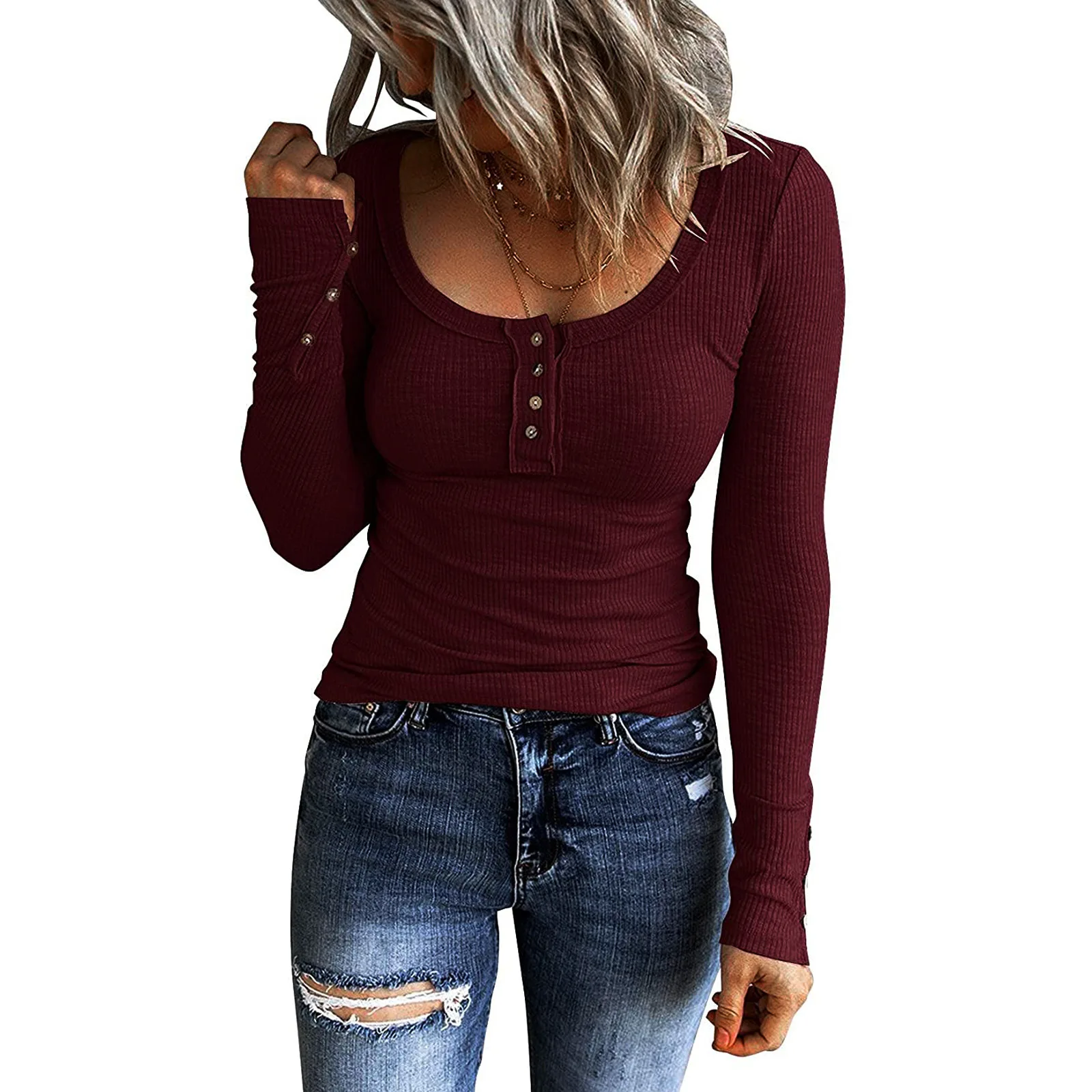 

Women’s Long Sleeve Henley T Shirts Button Down Slim Fit Tops Scoop Neck Ribbed Knit Shirts 2024