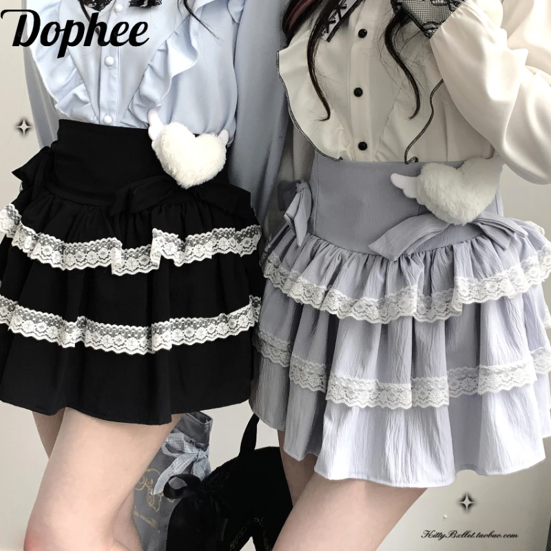 

Оригинальная Милая Кружевная юбка Dophee с двойным бантом, юбка с завышенной талией в стиле Landmine, короткая трапециевидная мини-юбка для девочек и студенток, Лолита