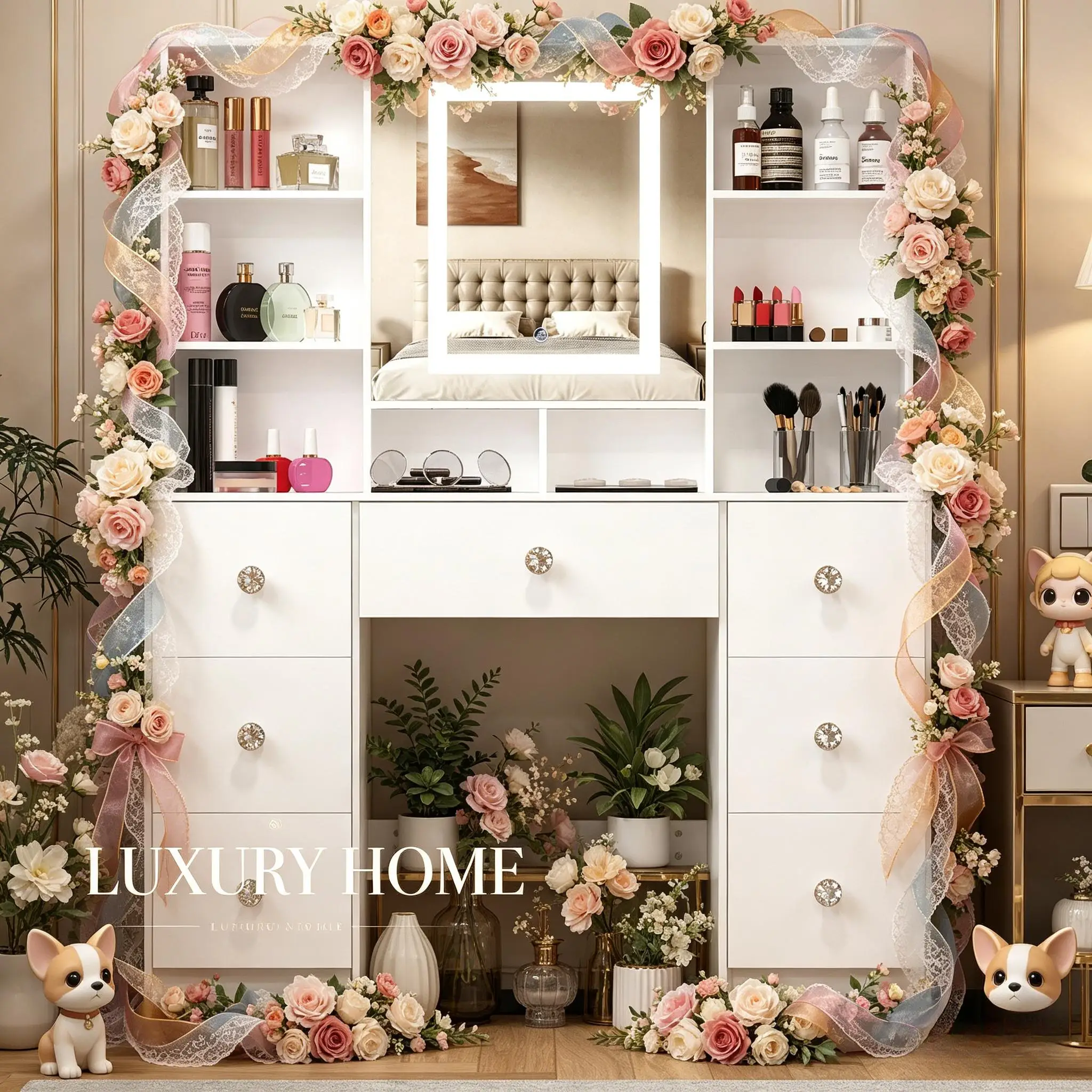 White Hollywood Dressing Table, Adjustable LED Large Mirror, 7 Drawers Storage Bedroom Makeup Vanity Desk