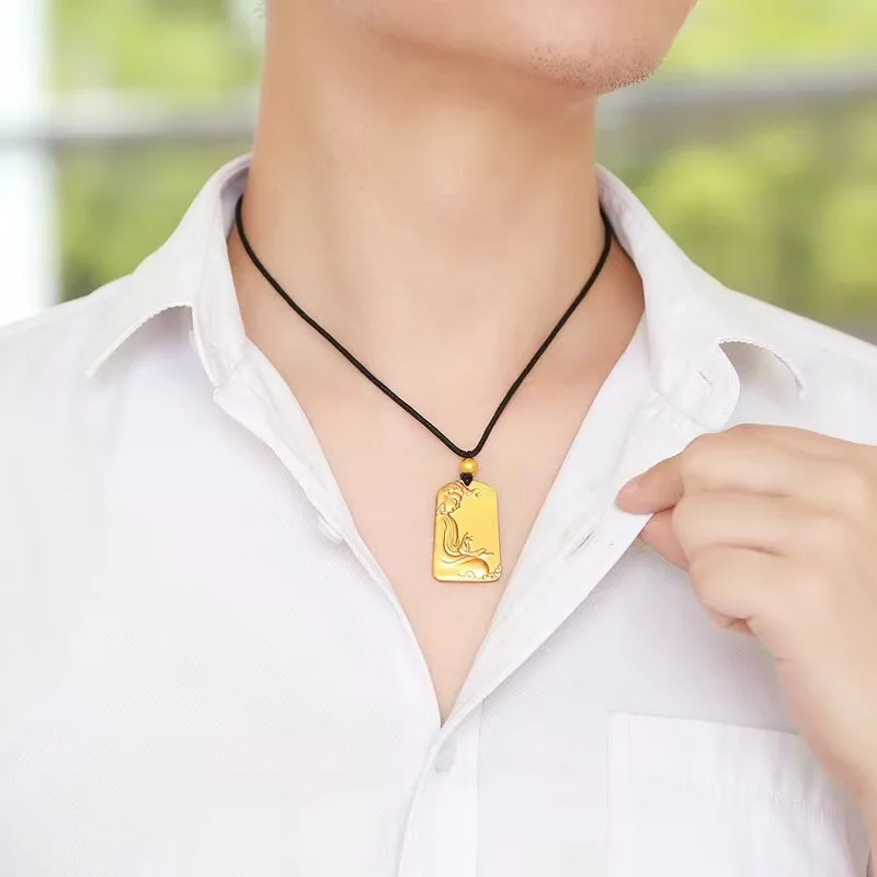 24K AU999 Gold Successful Clouds and Nothing Card Pendant Hand-engraved Nafu Square Necklace for Men and Women