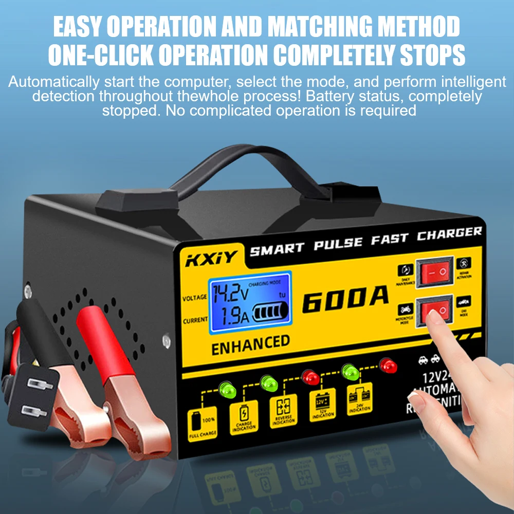 Car Battery Charger Intelligent Pulse Repair Voltage Temperature Detection Automatic Stop Digital LCD Display 12V 24V 600A