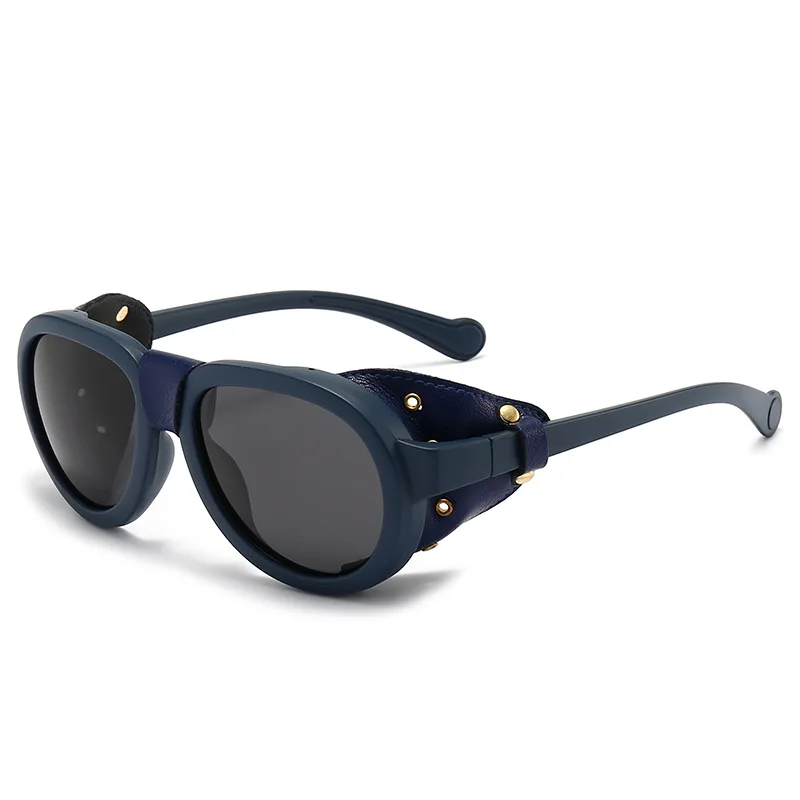 Luxury Oversized Round Steampunk Polarized Sunglasses with Leather Trim
