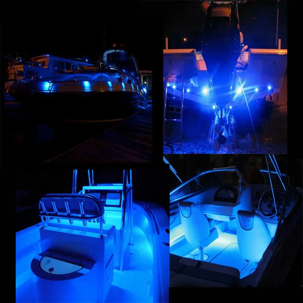 4Pcs Marine Boat LED Light Blue Stern Light Round LED Tail Lamp Silver Waterproof Underwater Runner Side Marker Lights