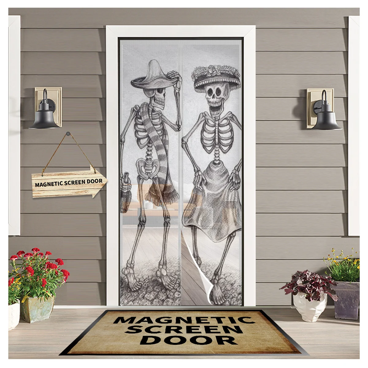 

Skull Skeleton Hat Bottle Magnetic Screen Door Curtain Home Summer Window Mosquito Net for Kitchen Bedroom