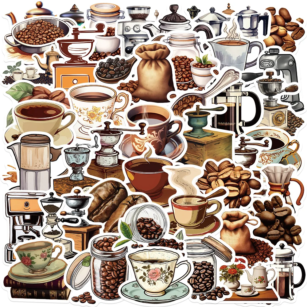 

50pcs Coffee Machine Coffee Beans Stickers for Laptop Guitar Phone Bike Car Luggage Waterproof Cute Drinks Cartoon Sticker Pack